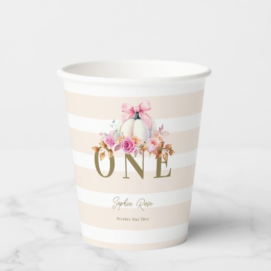 Kleine Pompoen Roze Bow Rozen 1e Elegante Verjaard Papieren Bekers (Voorkant)