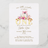 Kleine Pompoen Roze Bow Rozen 1e Verjaardag Goud Folie Uitnodiging (Voorkant)