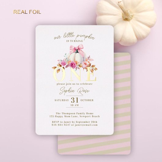 Kleine Pompoen Roze Bow Rozen 1e Verjaardag Goud Folie Uitnodiging
