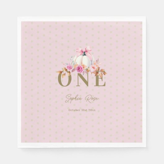 Kleine Pompoen Roze Bow Rozen Stippen 1e Verjaarda Servet (Voorkant)