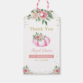 Kleine Pompoen Roze Goud Bloemen 1e Verjaardagsgun Cadeaulabel