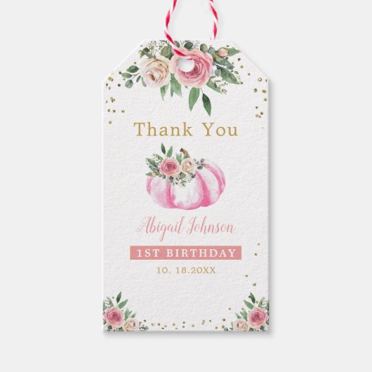 Kleine Pompoen Roze Goud Bloemen 1e Verjaardagsgun Cadeaulabel (Voorkant)