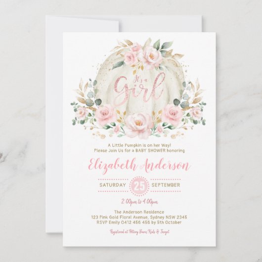 Kleine pompoen roze goud bloemig meisje Baby showe Kaart (Voorkant)