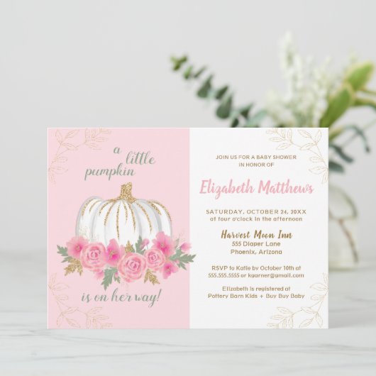 Kleine Pompoen Roze Goud Herfst Meisje Baby Shower Kaart (Staand voorkant)