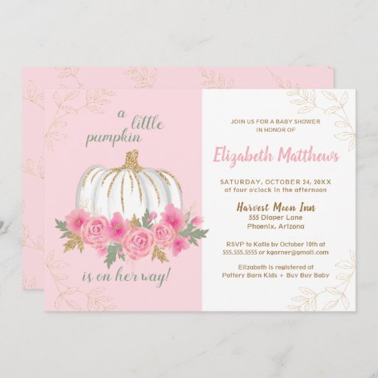 Kleine Pompoen Roze Goud Herfst Meisje Baby Shower Kaart (Voorkant / Achterkant)