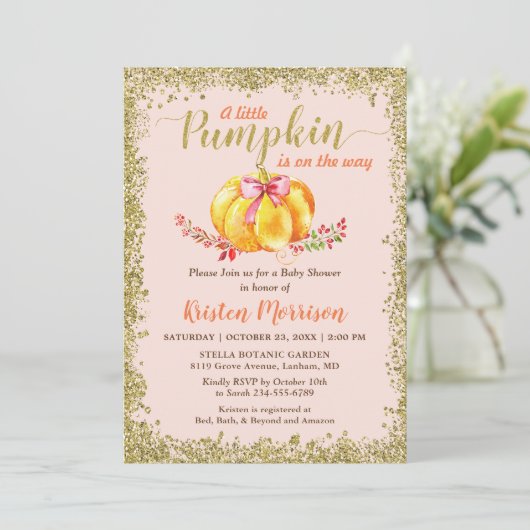 Kleine Pompoen Roze Gouden Glitter Herfst Baby Sho Kaart (Staand voorkant)