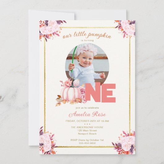 Kleine pompoen roze gouden herfst bladeren 1e verj kaart (Voorkant)