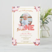 Kleine pompoen roze gouden herfst bladeren 1e verj kaart (Staand voorkant)