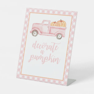 Kleine Pompoen Roze Herfst Verjaardag Versier pomp Reclamebord Met Voetstuk