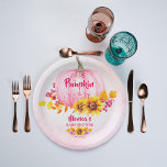 Kleine pompoen roze meisje baby shower papieren bordje<br><div class="desc">Kleine pompoen meisje baby shower roze pompoen herfst gebladerte zonnebloemen baby shower papieren borden.</div>