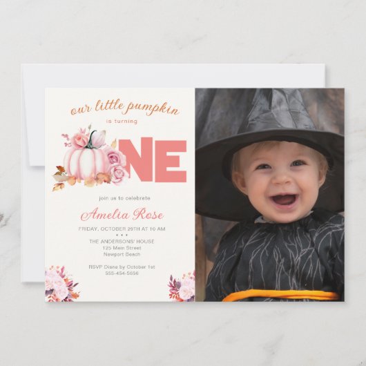 Kleine pompoen roze rozen herfst bladeren 1e verja kaart (Voorkant)