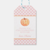 Kleine pompoen roze ruit eerste verjaardag cadeaulabel (Voorkant)