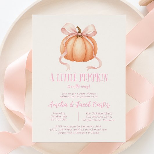 Kleine pompoen, roze strik, Coquette baby shower I Kaart