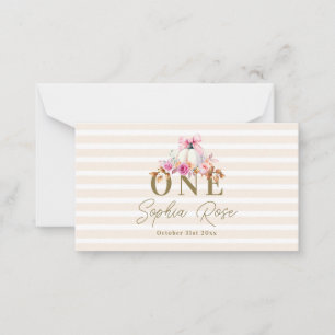 Kleine Pompoen Roze Strik Rozen 1e Verjaardag Notitiekaartje