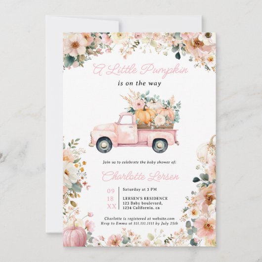 Kleine Pompoen Roze Vrachtwagen Herfst Bloemen Bab Kaart (Voorkant)