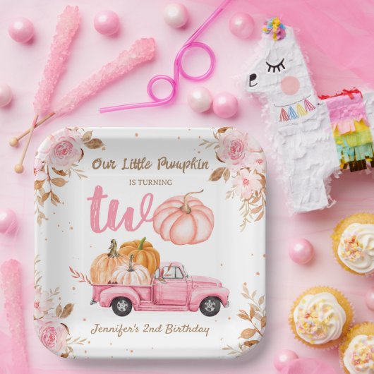 Kleine Pompoen Roze Vrachtwagen Meisje Herfst 2e V Papieren Bordje (Feest)