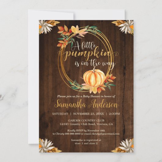 Kleine pompoen rustiek hout Baby shower herfstblad Kaart (Voorkant)