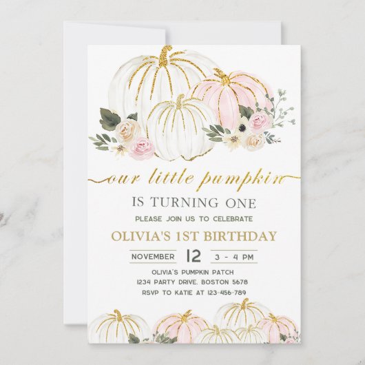 Kleine pompoen rustieke bloemen 1e verjaardagsfees kaart (Voorkant)