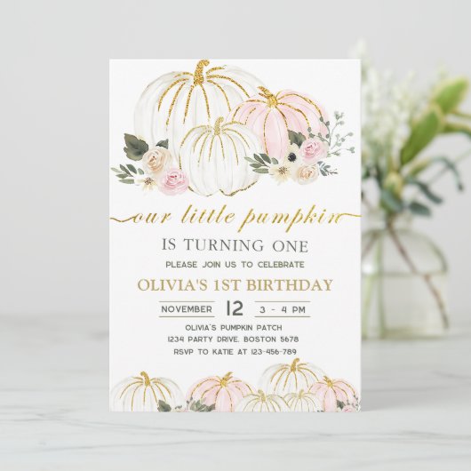 Kleine pompoen rustieke bloemen 1e verjaardagsfees kaart (Staand voorkant)