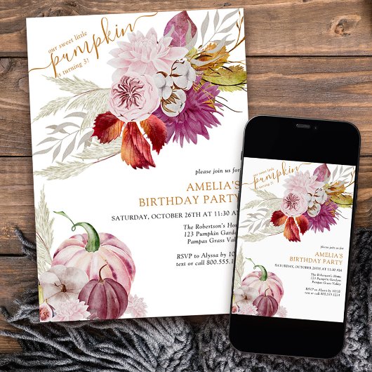 Kleine pompoen rustieke bloemen meisjes verjaardag kaart