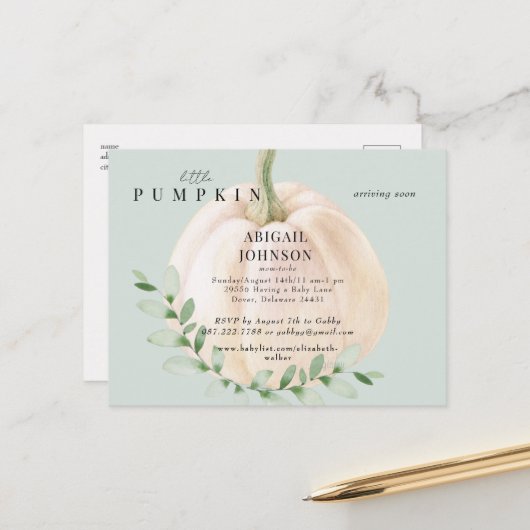 Kleine pompoen sage Baby shower Aankondigingskaart (Voorkant / Achterkant in situ)
