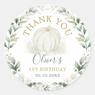 Kleine pompoen salie groen gouden krans verjaardag ronde sticker