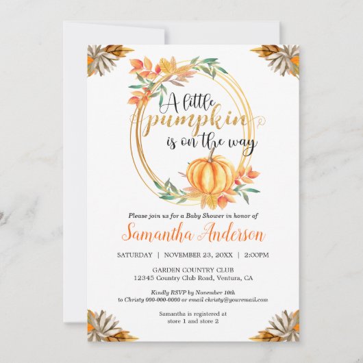 Kleine pompoen Sinaasappel Baby shower val bladere Kaart (Voorkant)