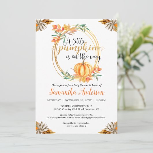 Kleine pompoen Sinaasappel Baby shower val bladere Kaart (Staand voorkant)
