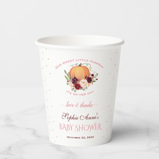 Kleine pompoen thanksgiving baby shower voor meisj papieren bekers (Achterkant)