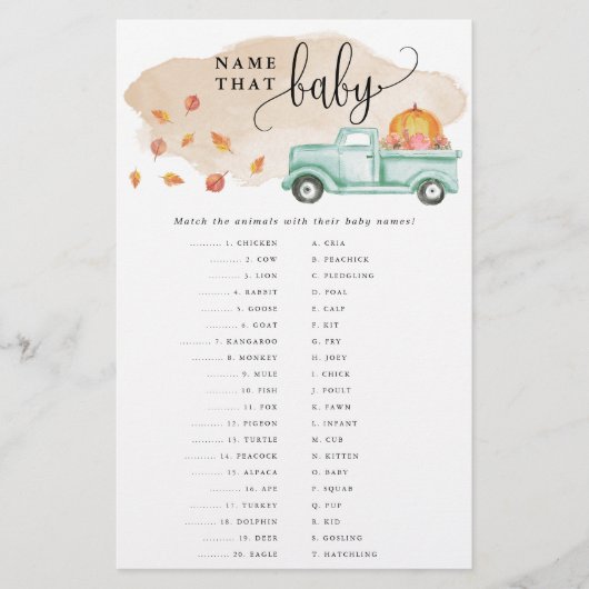 Kleine Pompoen Truck Baby Matching Papieren Spelka Flyer (Voorkant)