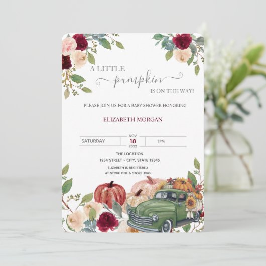 Kleine Pompoen Truck Burgundy Bloemen Baby Shower  Kaart (Staand voorkant)