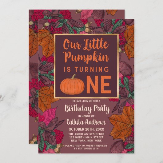 Kleine pompoen vallen bladeren en bessen verjaarda kaart (Voorkant / Achterkant)