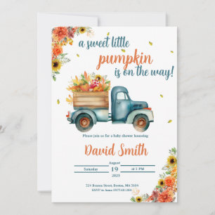 Kleine Pompoen Vintage Blauwe Truck & Herfst Bloem Kaart