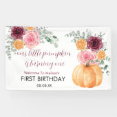 Kleine pompoen wordt één jaar verjaardags welkom spandoek (Horizontaal)