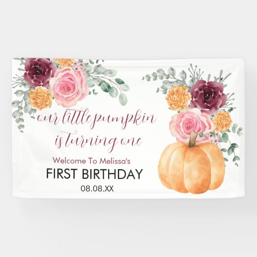 Kleine pompoen wordt één jaar verjaardags welkom spandoek (Horizontaal)