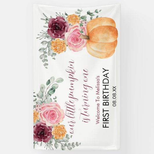 Kleine pompoen wordt één jaar verjaardags welkom spandoek (Verticaal)