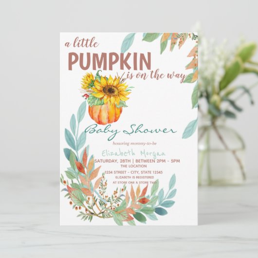 Kleine pompoen zonnebloemen, bladeren, Stippen Bab Kaart (Staand voorkant)