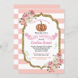 Kleine pompoenbaby meisje doucht roze en goud kaart