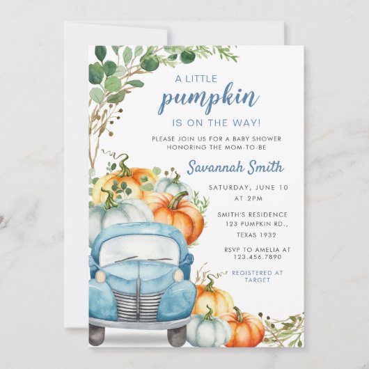 Kleine pompoenblauw Baby shower Kaart (Voorkant)