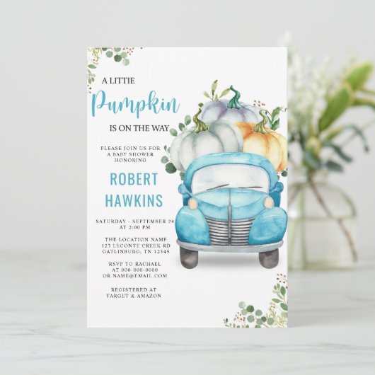 Kleine pompoenblauw Baby shower Kaart (Staand voorkant)