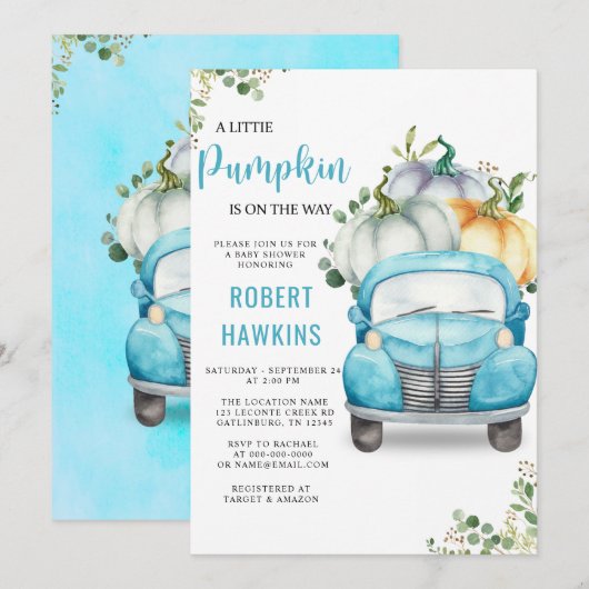 Kleine pompoenblauw Baby shower Kaart (Voorkant / Achterkant)