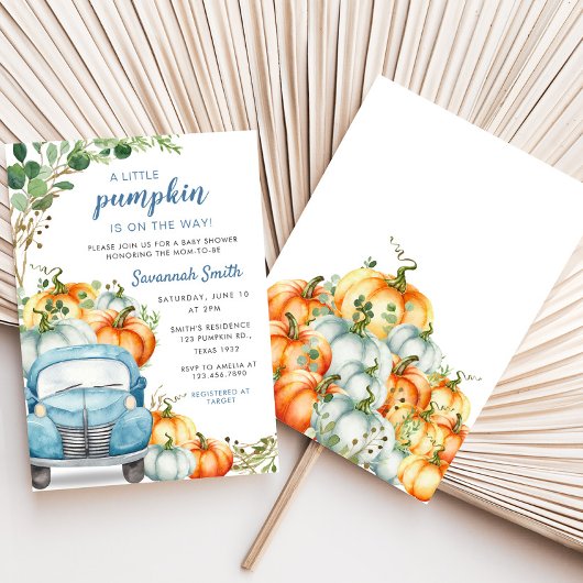 Kleine pompoenblauw Baby shower Kaart