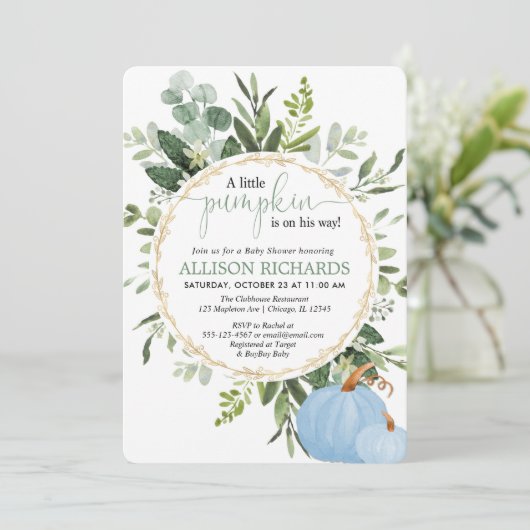 Kleine pompoenblauw baby shower met een groene jon kaart (Staand voorkant)