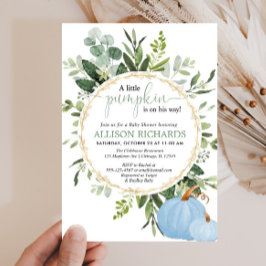 Kleine pompoenblauw baby shower met een groene jon kaart