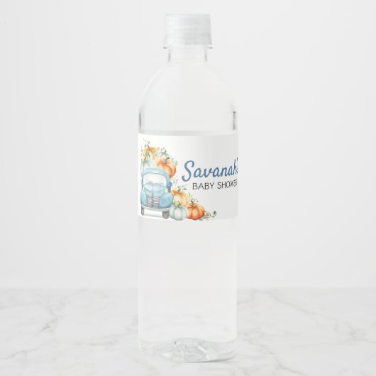 Kleine pompoenblauw Baby shower Waterfles Etiket (Voorkant)