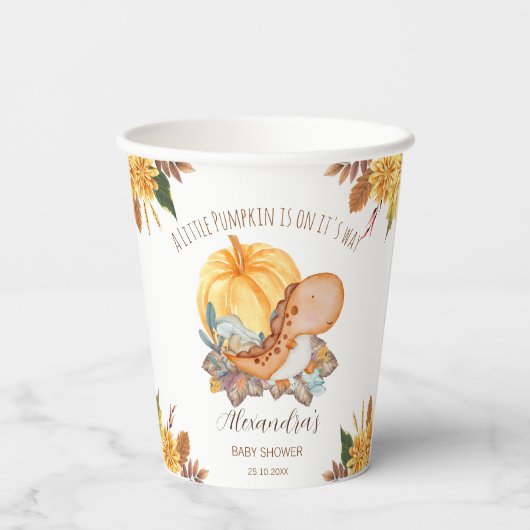 Kleine pompoendinosaurusherfst baby shower papieren bekers (Achterkant)