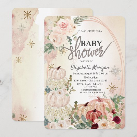 Kleine pompoenen, Rozen, Snowflakes Baby shower Kaart (Voorkant / Achterkant)