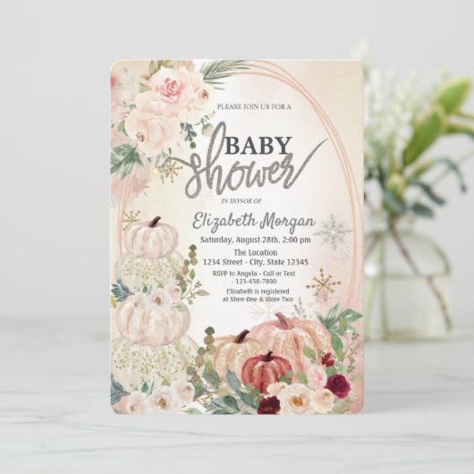 Kleine pompoenen, Rozen, Snowflakes Baby shower Kaart (Staand voorkant)