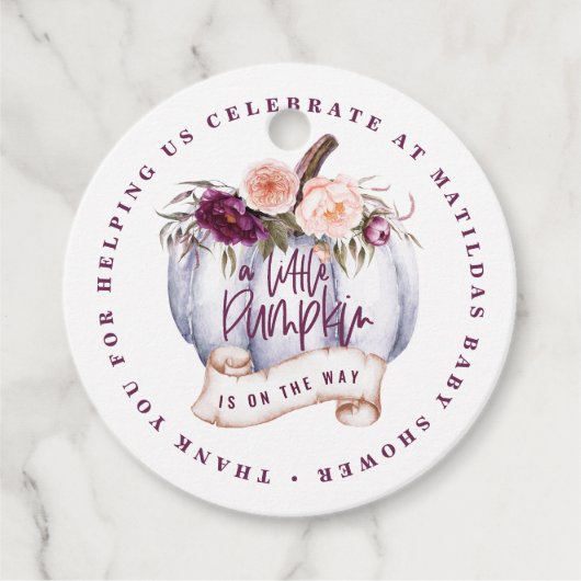 Kleine pompoenen waterverf herfst baby shower eetb bedankjes labels (Voorkant)