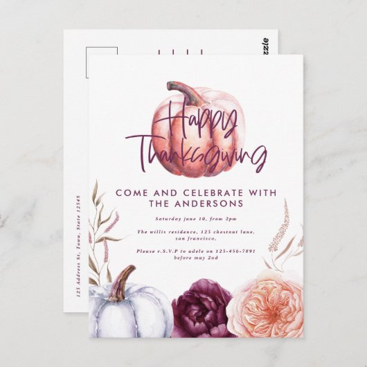 kleine pompoenflorale herfst paarse Thanksgiving Briefkaart (Voorkant / Achterkant)